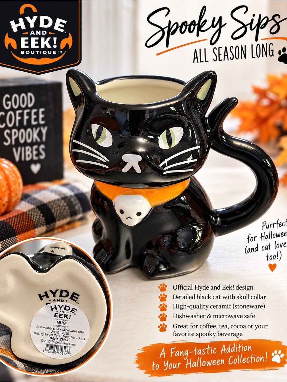 Hyde and Eek! Black Cat Ceramic Mug - Black & Cream